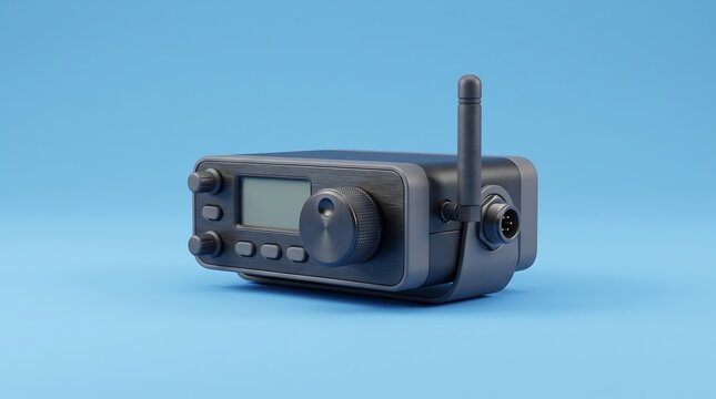 Compact radio transceiver with antenna display screen and knobs on blue