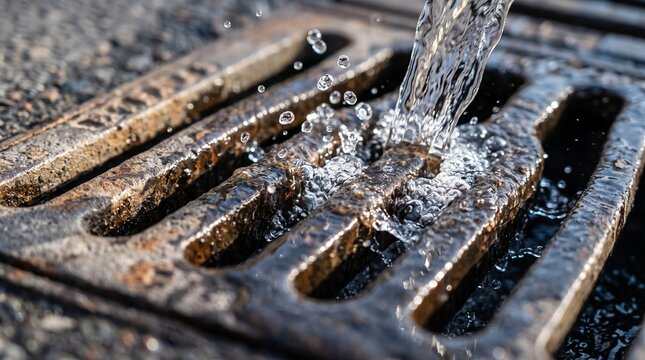 Water pouring down into a metal storm drain grate on a city street