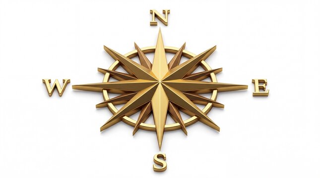 Shiny golden compass rose featuring directional letters isolated on white background