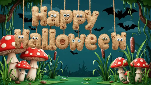 Happy halloween burlap text animation with googly eyes hanging in spooky forest background featuring red toadstool mushrooms and flying bats for seasonal holiday project