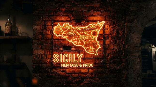 Glowing orange neon sign depicting the map of Sicily mounted proudly on an ancient dark brick wall inside a dimly lit rustic restaurant interior setting