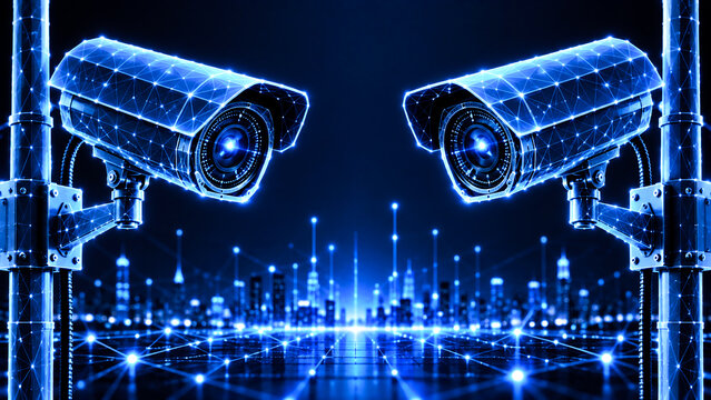 Futuristic digital CCTV cameras monitoring smart city networks with glowing blue lights and data streams.