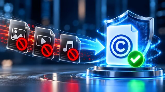 Digital copyright protection concept with glowing blue shield securing intellectual property and preventing illegal media piracy