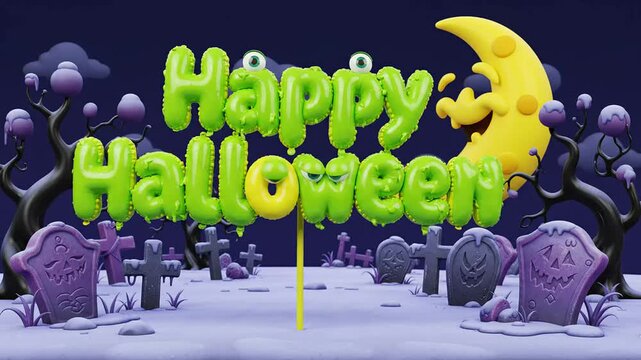Happy halloween spooky background animation with green slime balloon text graveyard grave cross tombstone scary night cartoon vector style festival celebration event
