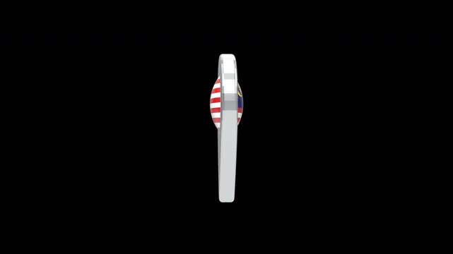 High-end 3D metallic silver location pin with rounded bottom tip, featuring a solid glossy Malaysian flag emblem (Jalur Gemilang) with 14 alternating red and white stripes, dark blue canton, yellow cr