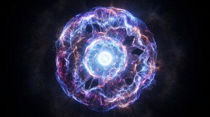 Fototapeta premium Powerful supernova stellar explosion blasting glowing concentric rings of plasma and colorful cosmic gas in deep dark outer space universe background science concept illustration