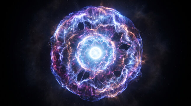 Powerful supernova stellar explosion blasting glowing concentric rings of plasma and colorful cosmic gas in deep dark outer space universe background science concept illustration