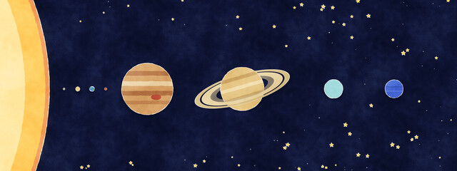 Solar system planets to scale by size on dark space paper cut style © Tí Tò Mò
