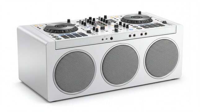 Modern DJ mixer console with integrated large speakers and knobs isolated on white background