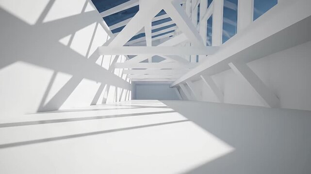 Minimalist white interior hallway with geometric ceiling beams.