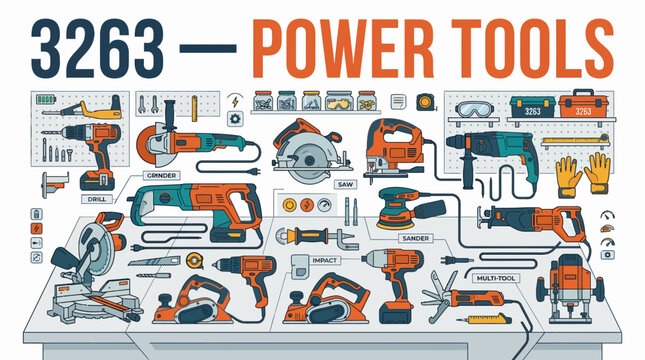 Power tools poster illustration featuring various equipment and hardware items