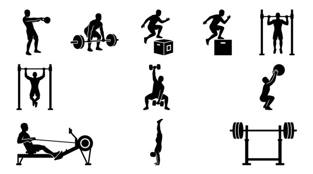 Fitness silhouette set showing various workout exercises and weightlifting activities