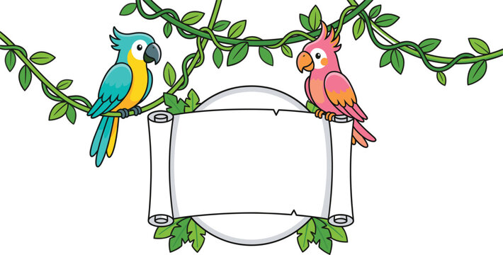 Tropical macaw and cockatoo birds vector border template with copy space frame