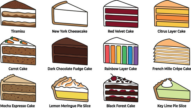 Delicious Cake Slices and Bakery Pies Vector Set Tiramisu New York Cheesecake Red Velvet Citrus Layer Carrot Cake Dark Chocolate Fudge Rainbow Mille Crepe Lemon Meringue Black