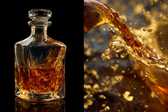 Whiskey bourbon decanter with luxury gold splash on black background