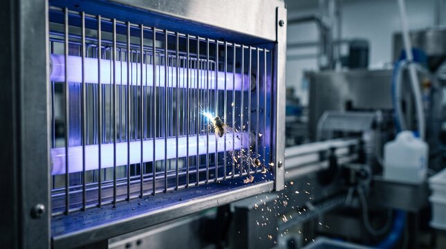 Electronic Fly Light Trap Zapping Flying Insect Near Food Production Conveyor Line