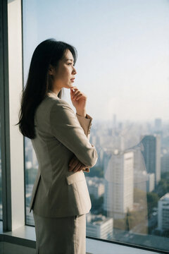 Female executive standing by window deep in thought