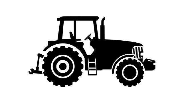 farm tractor vector icon in side view, agriculture and farming machinery, minimalist solid black design on white background