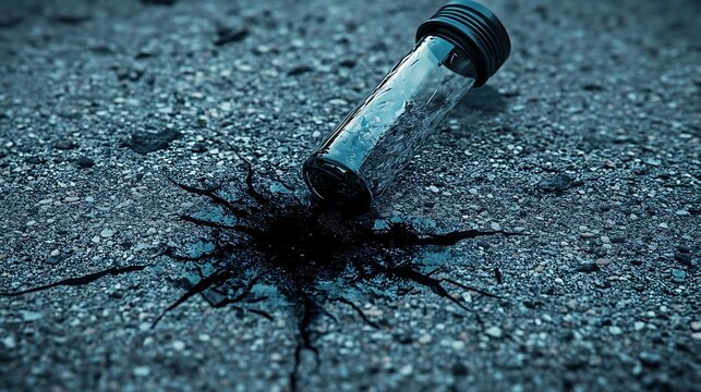 Glass vial broken on concrete asphalt ground with dark fluid leaking from container creating dramatic conceptual pollution scene