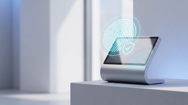 Advanced biometric fingerprint authentication system with holographic interface on a sleek digital kiosk display for secure access and data protection in a modern high-tech environment.