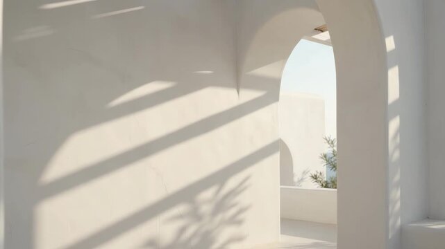 Minimalist interior arch with aesthetic sunlight shadows and soft plant patterns.