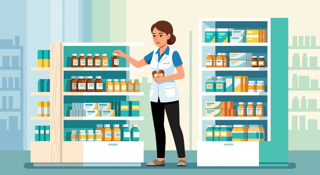 Pharmacist arranging shelves in a modern pharmacy with medicine bottles and boxes. Vector illustration.