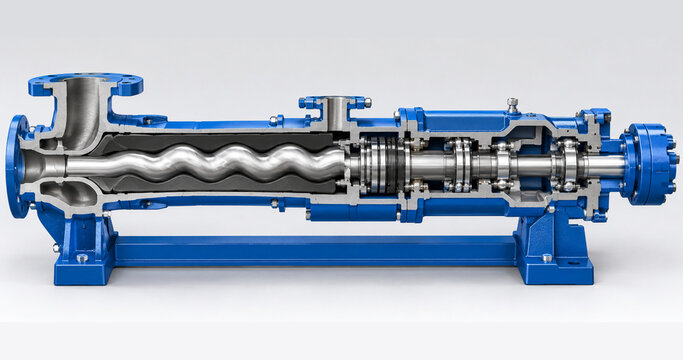 Cutaway view of a blue industrial progressive cavity pump showing helical rotor, elastomer stator, bearings and shaft seal