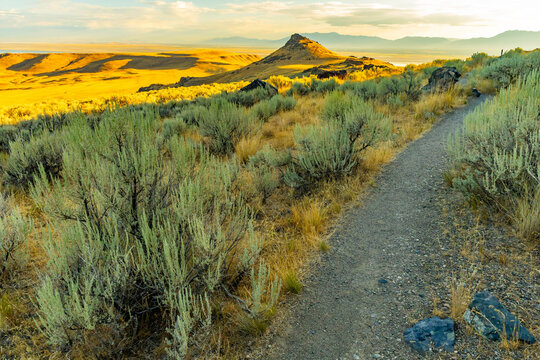 Frary Peak trail winds along scenic Antelope Island ridge in Utah