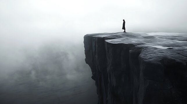 Lone traveler silhouette standing on dark rocky cliff edge looking into misty foggy abyss above water landscape