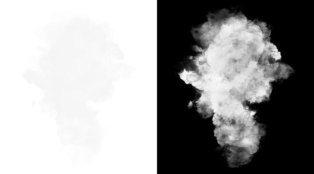 Atmospheric white smoke explosion on black background, realistic steam cloud and alpha channel mask, volumetric fog texture for visual effects