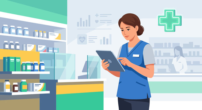 Pharmacist using tablet in modern pharmacy interior with shelves of medicines and medical cross icon