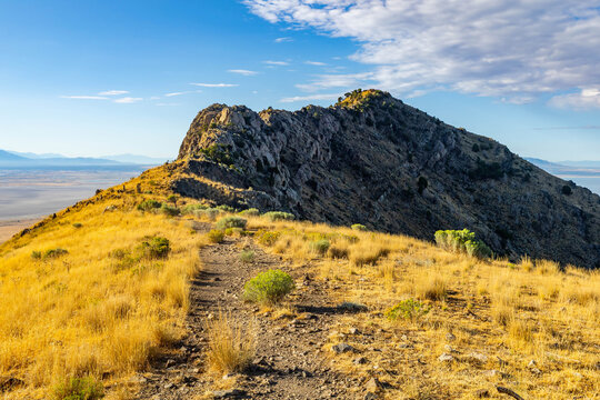 Frary Peak trail winds along scenic Antelope Island ridge in Utah
