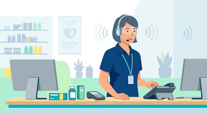 Pharmacy Worker with Headset and Phone at Counter with Computer and Medicine