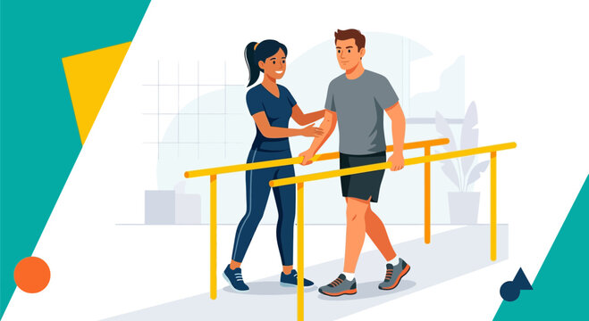 Physical therapist assisting patient walking with parallel bars during rehabilitation and recovery.