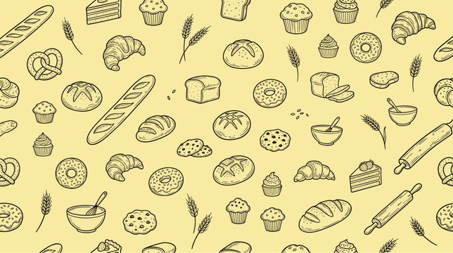 Hand drawn bakery items pattern doodle with bread and pastries
