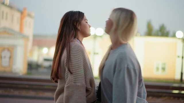 Two women stand close together outdoors facing each other and engaging in conversation. One wears beige cardigan over collared shirt while other is dressed in light gray sweatshirt their