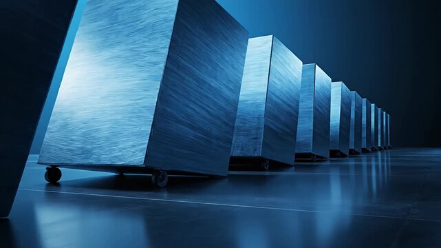 Row of blue monolithic blocks in a dark perspective