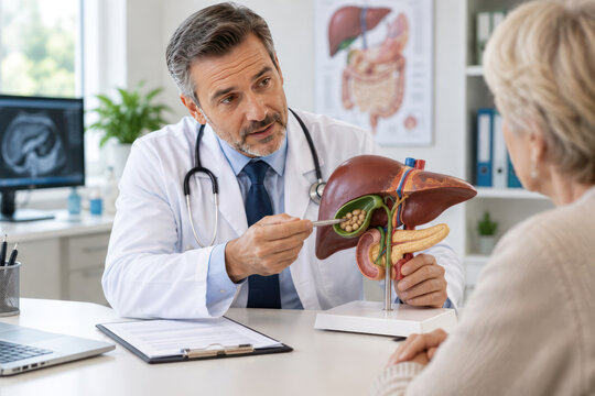 Doctor Explaining Gallstones and Gallbladder Disease to Senior Woman