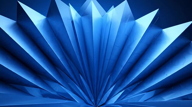 Symmetrical blue fan-shaped geometric structure with sharp edges.