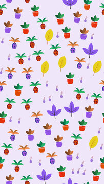 Stylized potted plants and leaves pattern