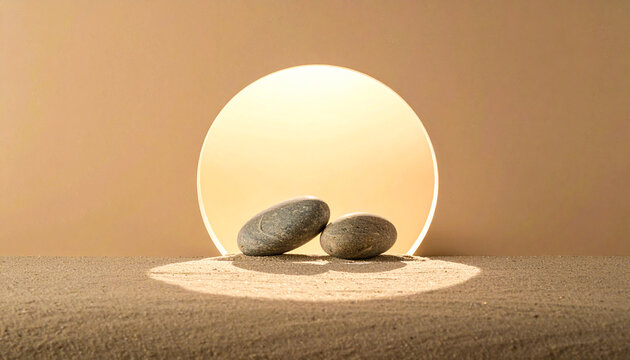 Balanced stones with circular light in minimalist scene symbolizing harmony and connection
調和とつながりを感じさせる円形の光と石のミニマルな表現