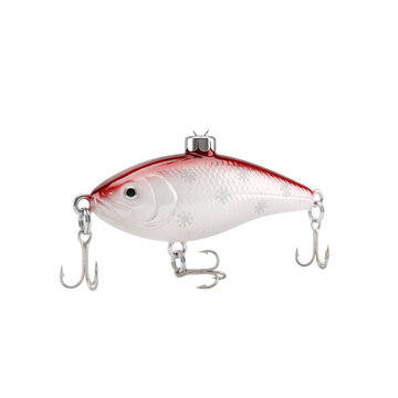 A realistic fishing lure is isolated on a white background featuring a white and red fish shaped crankbait with very sharp hooks attached
