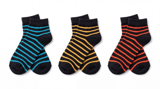 Multiple colorful striped cotton ankle socks arranged neatly in pairs isolated on white background