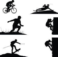Fototapeta premium Extreme sports silhouettes collection featuring cycling skiing and rock climbing