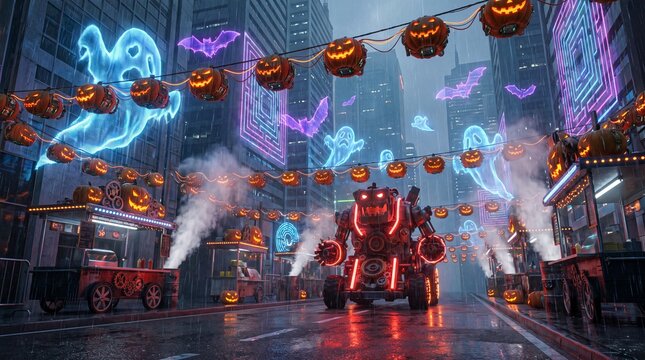 Futuristic cyberpunk Halloween street with glowing neon ghosts and a giant red robot mech rolling through decorated city skyscrapers