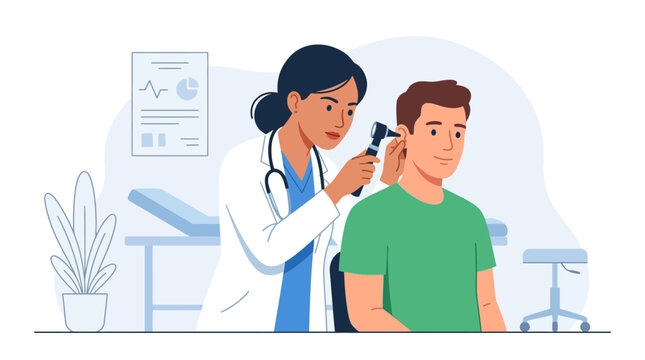 Doctor examining patient's ear with otoscope in modern clinic, flat illustration style