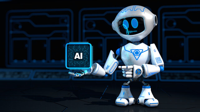 white robot with blue graphics, holding an artificial intelligence microchip with its right arm