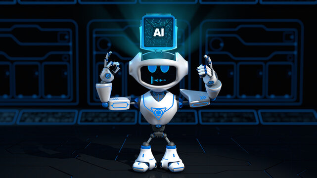white robot with blue graphics, featuring an artificial intelligence microchip emerging from its head