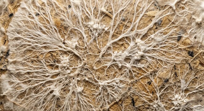 White mycelium fungus spreading across fibrous brown organic substrate in close up detail