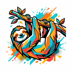 Obraz premium Vibrant abstract pop art illustration of a cute sloth hanging from a branch